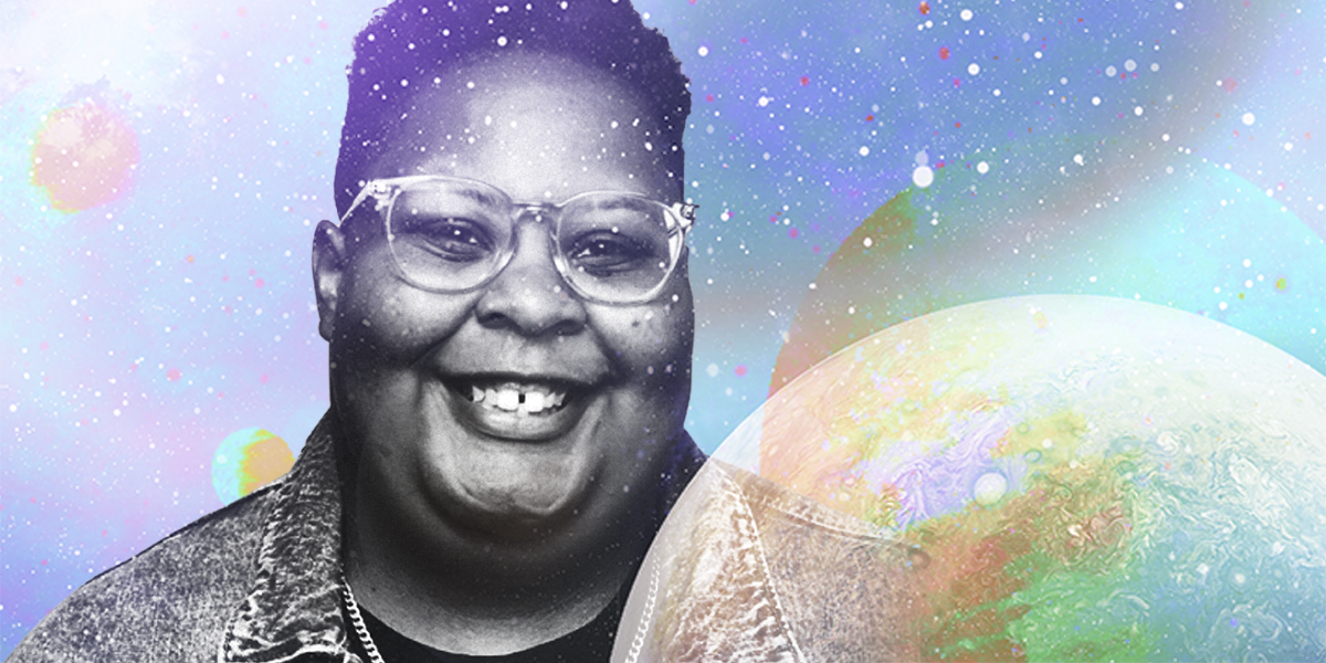 shea, a Black nonbinary human with short hair and glasses is smiling, set in black and white against a spacey, colorful backdrop