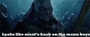 And uruk hai saying "Looks like meat's back on the menu boys"