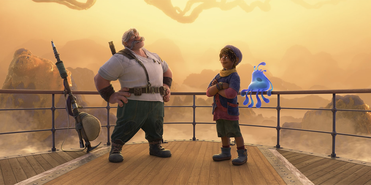 The grandson and the granddad from Strange World standing on a ship deck in the sunset