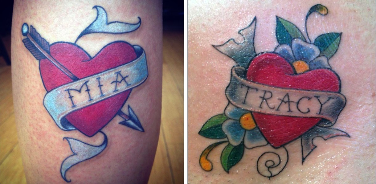 2 classic heart tattoos one says "Mia" and the other "Tracy"