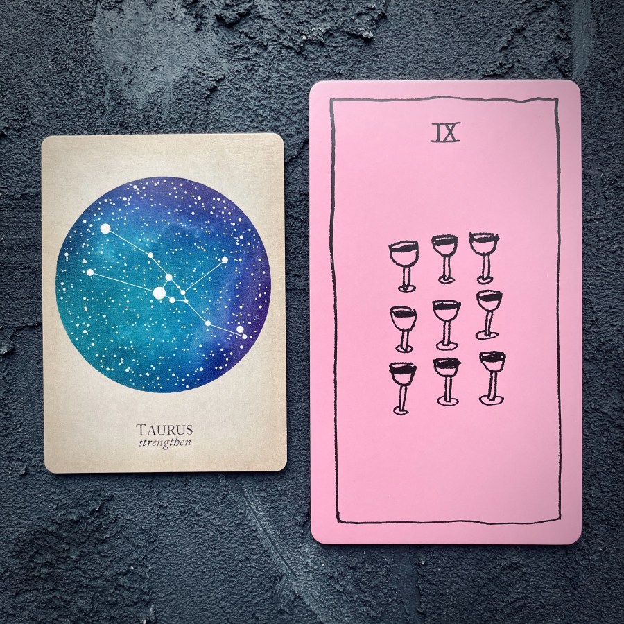 Card 1: Taurus, Card 2: Nine of cups