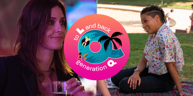 To L and Back Generation Q feature image: Shane at the bar holding a shot, Generation Q logo, and Sophie sitting in the grass