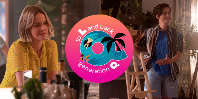 "To L and Back: Generation Q Edition" logo atop a 2-piece collage: Alice at the bar and Finley with her easel