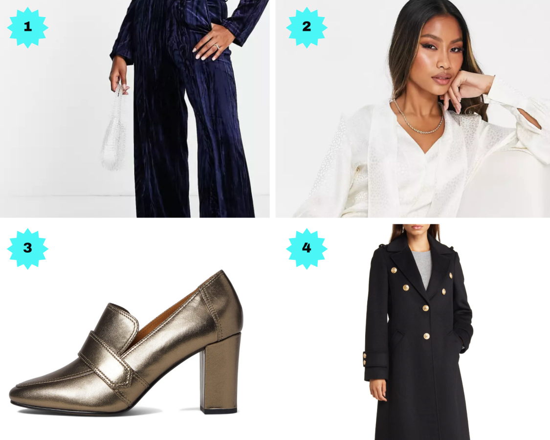 1. Dark blue velvet slouchy pants. 2. A cream blouse. 3. A metallic heel. 4. A buttoned black wool coat.