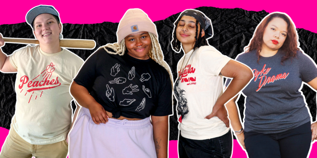 Four models are collaged on top of a black paper and hot pink background. From left to right: Jenny is wearing the cream Peaches Tee in XL and holding a baseball bat. Ki is wearing the black Fisting 101 Tee. Grey is wearing the Caligula Inn Tee in cream size M. Sabine is wearing the charcoal heather Dyke Drama Tee in XL.