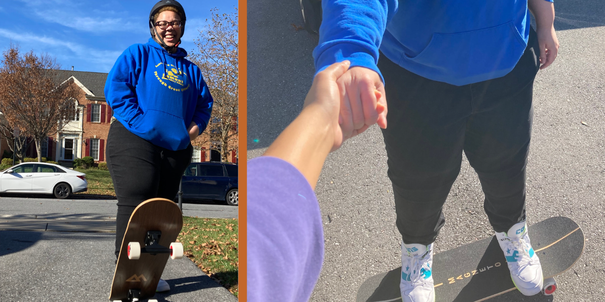 2 photos of a.Tony on a skateboard smiling!