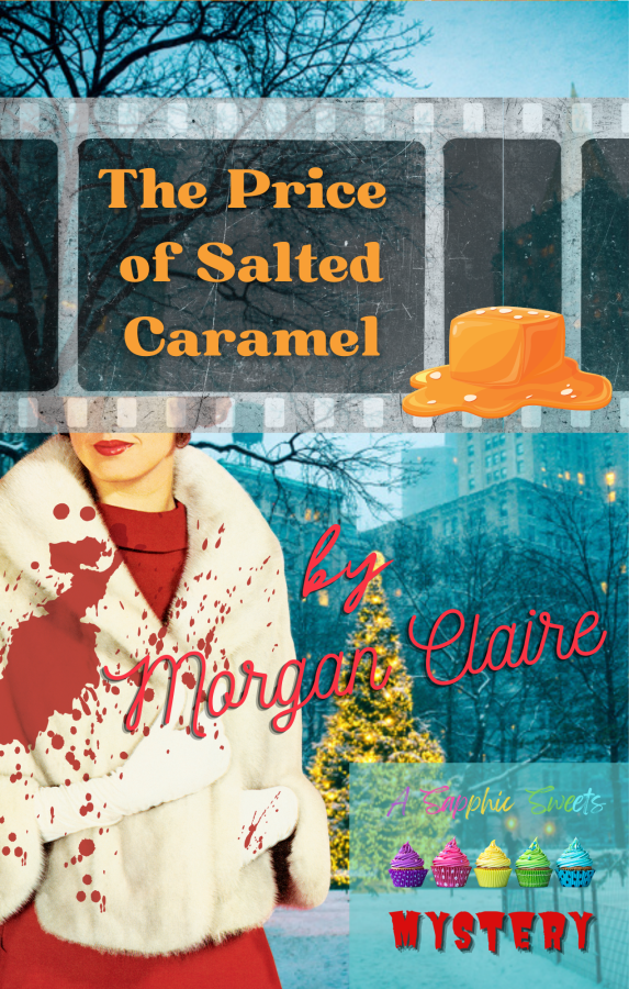 The cover of the Price of Salted Caramel by Morgan Claire features a snowy New York city background with a lit christmas tree. Against the background is an illustration of a woman wearing a white fur coat over a red dress. The fur coat is splashed with blood. She also is wearing red lipstick. The title of the book is set against a transparent strip of camera film and an illustration of a gooey salted caramel is off to one side. The sapphic sweets logo also appears.