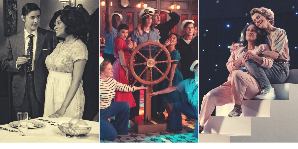 collage: finly & sophie, shane as a captain, alice and dana embracing
