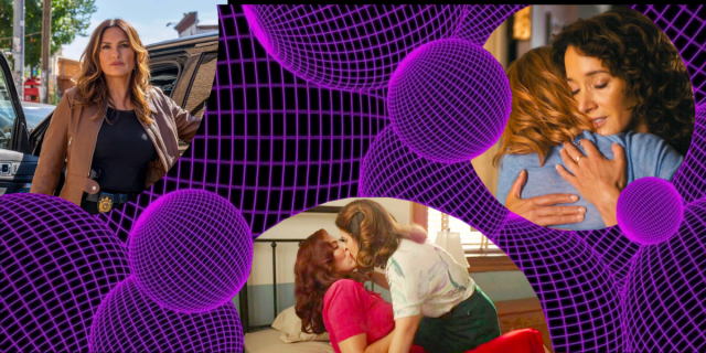 A purple space vector with gridded spheres. There are photos from three TV shows: Greta and Carson kissing on a League of Their Own, Bette and Tina hugging on The L Word, and Olivia Benson standing in a leather jacket on Law & Order: SVU
