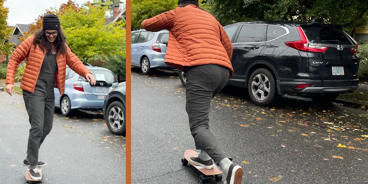 2 photos of Abeni on her skateboard