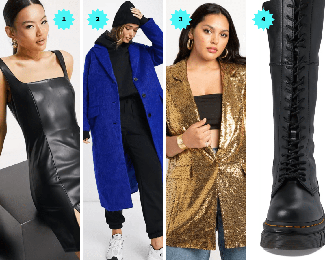 1. A black leather look dress. 2. A blue wool coat. 3. A gold sequin blazer. 4. A lacee up black Doc Marten.