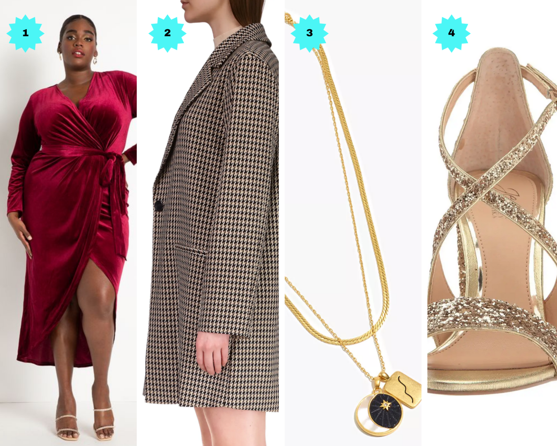 1. A red velvet wrap dress. 2. A houndstooth coat. 3. Gold celestial themed layering necklaces. 4. A sparkly gold strappy heel.