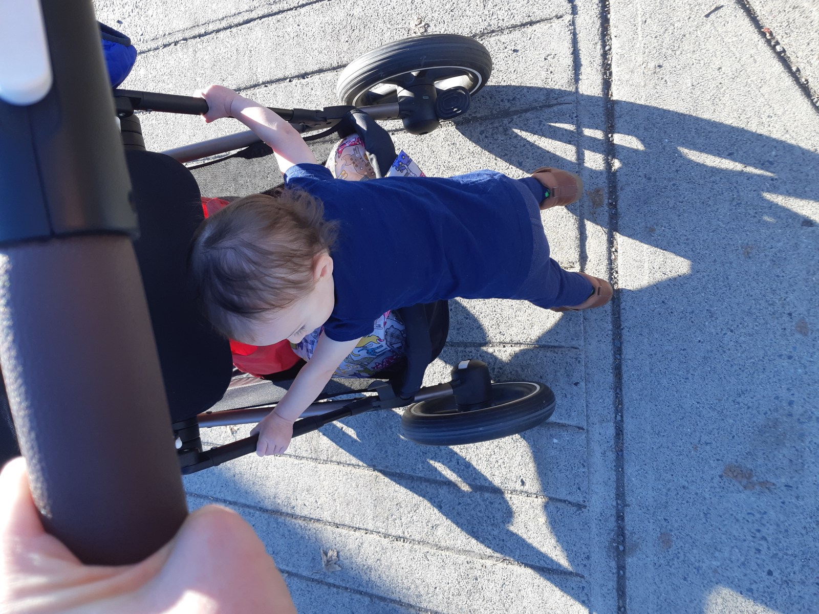 Casey's baby Jimena trying to push her own stroller!