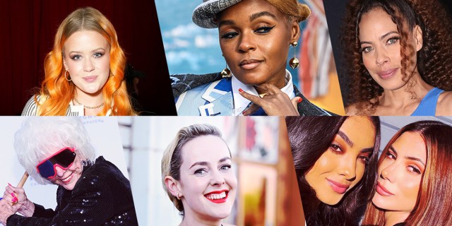 Celebrities who came out in 2022, left to right: Ava Phillippe, Janelle Monae, Tawny Cypress, Maybelle Blair, Jena Maloney, and Miss Puerto Rico and Miss Argentina