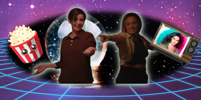 against a cyber spacey background, finley and sophie from the l word gen q point excitedly at the audience. a popcorn image floats above finley's arm and a tv showing sophie in it floats near sophie
