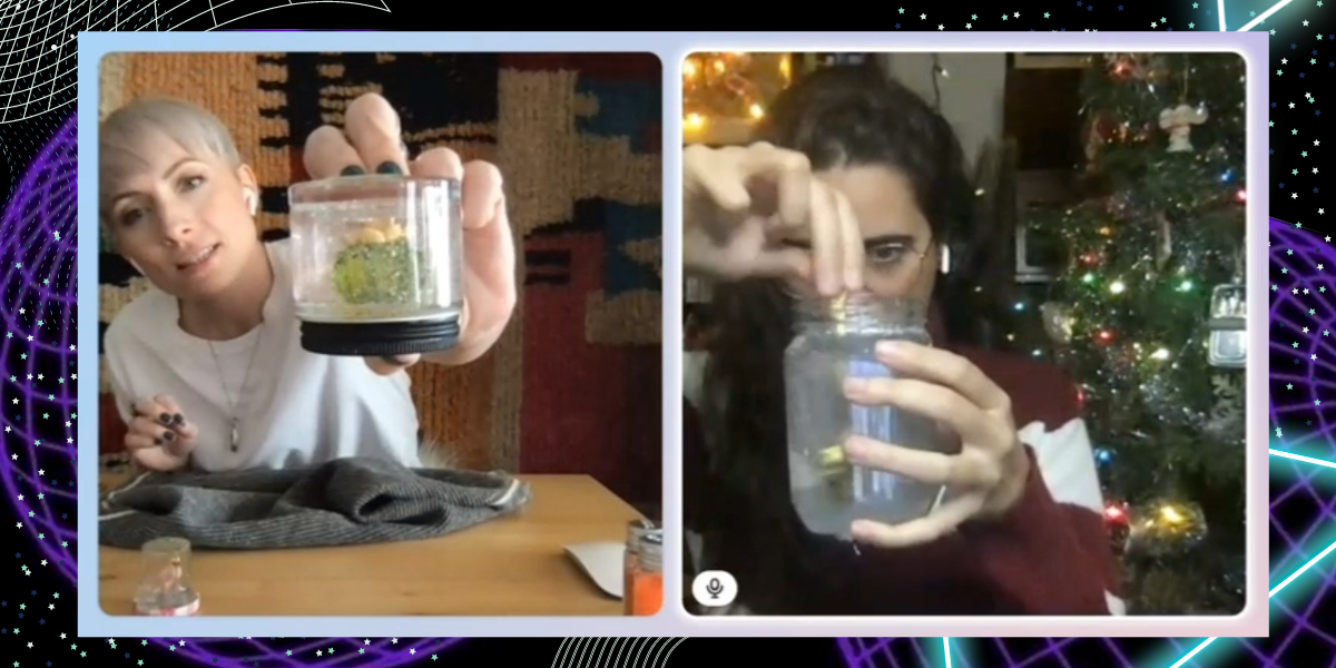 a screenshot of Laneia and Kayla on side by side screens each assembling a home made snow globe in their own home and holding them up to the camera