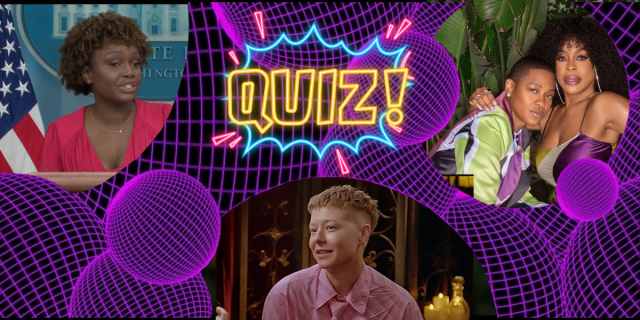 within a backdrop of cyber spacey designs, with a central neon sign that says "Quiz!" there are three photos collaged, one of Karine Jean-Pierre, one of Emma D'Arcy and one of Niecy Nash and Jessica Betts