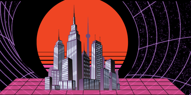 a cyber spacey cityscape is set against a cyber spacey sunset on a black cyber space vector background