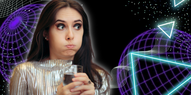 against a cyber spacey background, a woman puffs up her cheeks in a look of awkwardness and boredom while holding a glass of wine and wearing sparkly holiday attire