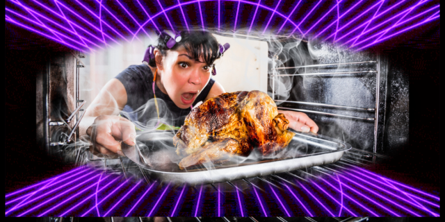 a stock photo of a woman freaking out about a burning turkey who is FULLY GRIPPING the turkey pan with her bare hands and screaming as she takes it from the oven, all against a dark cyberspace vector backdrop