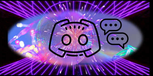 a discord logo against an abstract cyber spacey and yet also holiday themed and fireworks-filled background