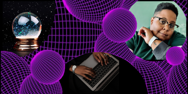 an image showing shea, a queer Black human with short hair and glasses, a pair of hands typing at a computer, and a crystal ball all set against a cyber-spacey background