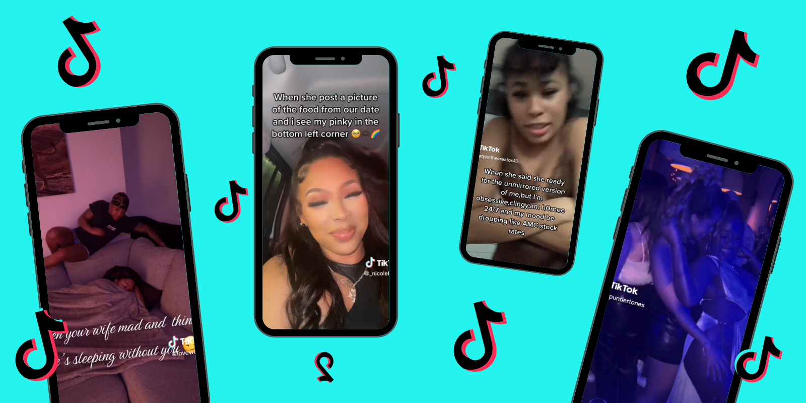 Four phones with screenshots of various TikTokson a light teal background, the TikTok logo floats in between them all