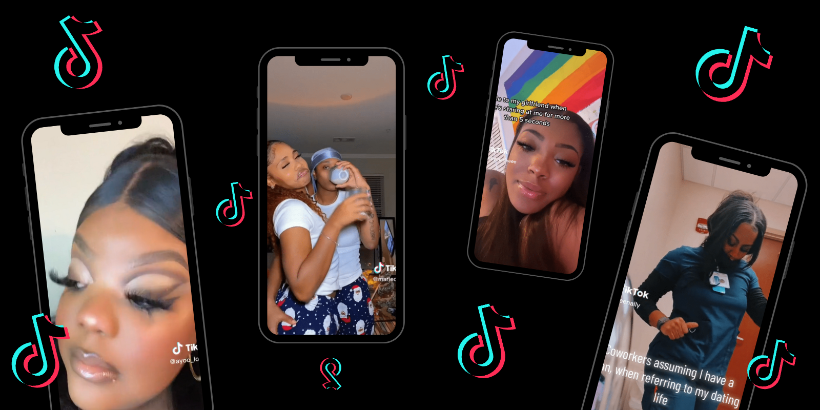 Four phones with screenshots of various TikToks on a Black background, the TikTok logo floats in between them all