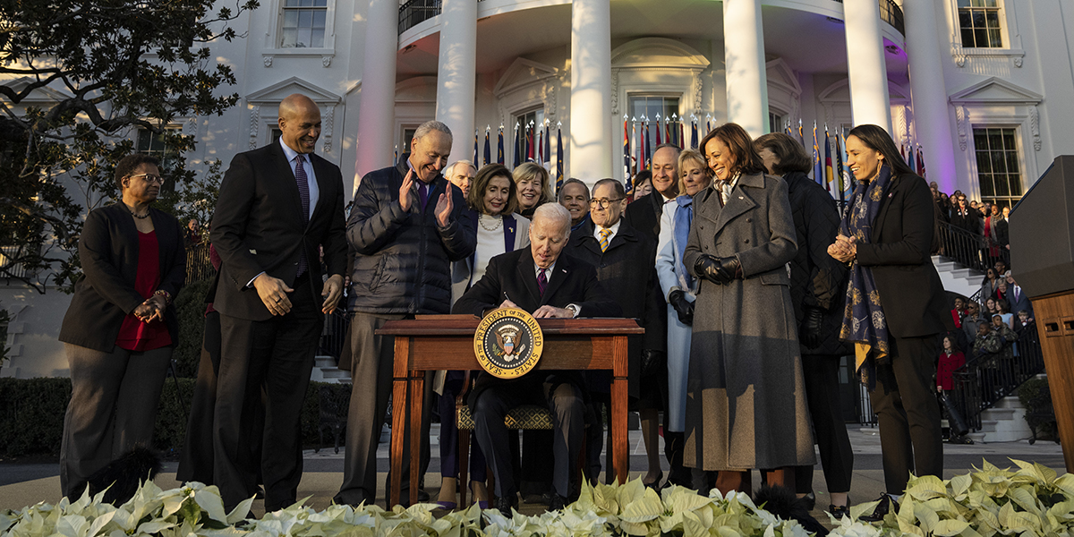 WASHINGTON, DC - DECEMBER 13: U.S. President Joe Biden signs the Respect for Marriage Act on the South Lawn of the White House on December 13, 2022 in Washington, DC. The Respect for Marriage Act will codify same-sex and interracial marriages. (Photo by Drew Angerer/Getty Images)