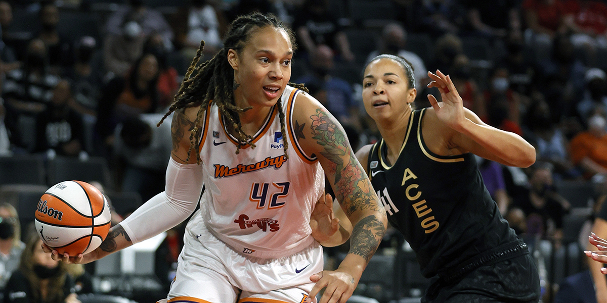 LAS VEGAS, NEVADA - SEPTEMBER 30: Brittney Griner #42 of the Phoenix Mercury drives against Kiah Stokes #41 of the Las Vegas Aces during Game Two of the 2021 WNBA Playoffs semifinals at Michelob ULTRA Arena on September 30, 2021 in Las Vegas, Nevada. NOTE TO USER: User expressly acknowledges and agrees that, by downloading and or using this photograph, User is consenting to the terms and conditions of the Getty Images License Agreement. (Photo by Ethan Miller/Getty Images)
