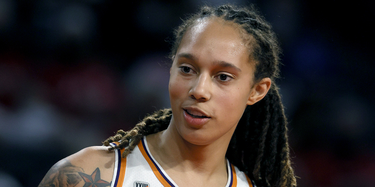 Brittney Griner #42 of the Phoenix Mercury stands on the court as the Las Vegas Aces shoot free throws during Game Two of the 2021 WNBA Playoffs semifinals