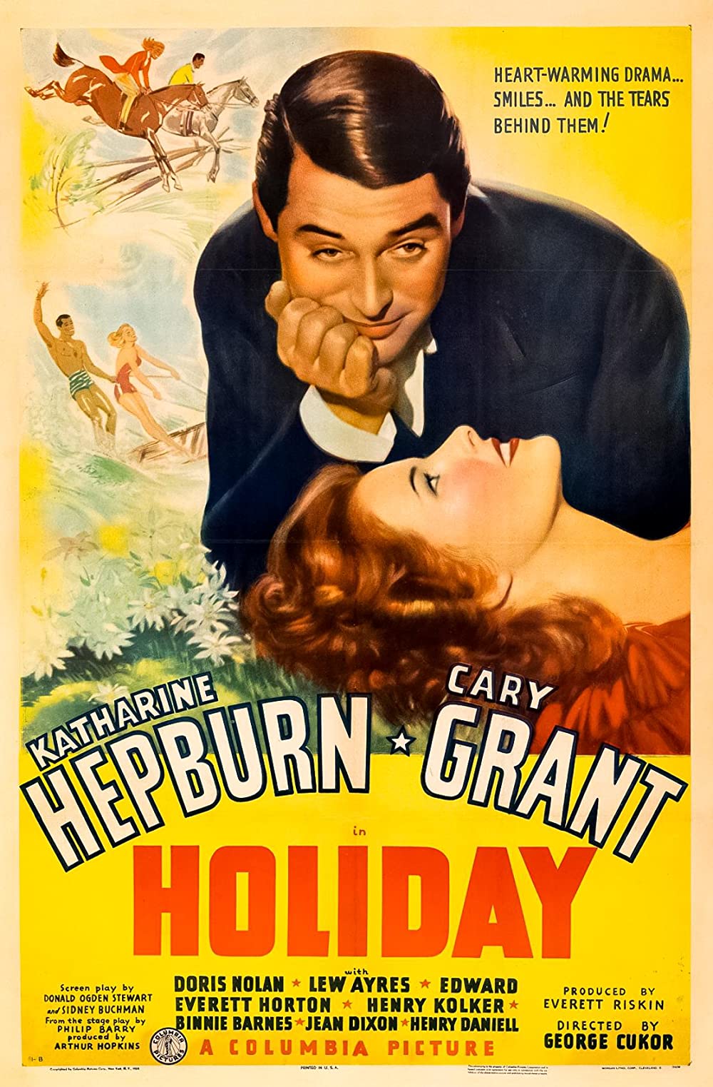 the cover of holiday features a painting of hugh grant and katharine hepburn