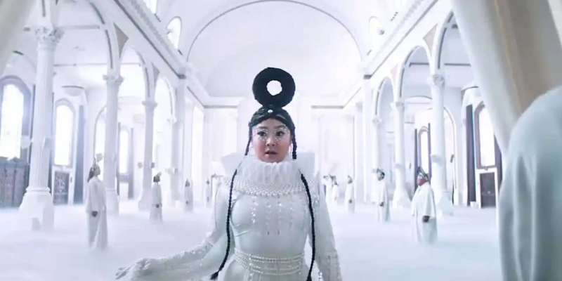 Stephanie Hsu as Jobu Tupaki in all white with hair shaped like a bagel.