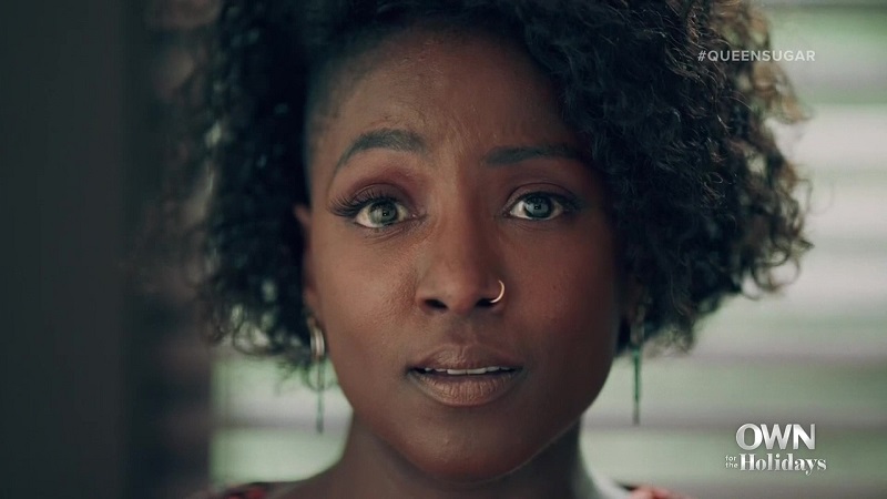 A close up shot of Nova Bordelon (played by Rutina Wesley), her eyes brimming with tears.