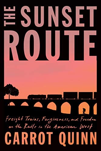 against a sunset sky, is an illustrated silhouette of a train