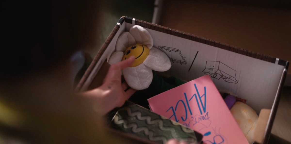 box with the book, sunshine toy that alice is reaching for