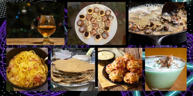 a collage of all the recipes the team has shared from a whiskey neat to christmas cookies to mushroom gracy, pasta cabonara, a 7 layer cake, sausage balls, and a grasshopper drink