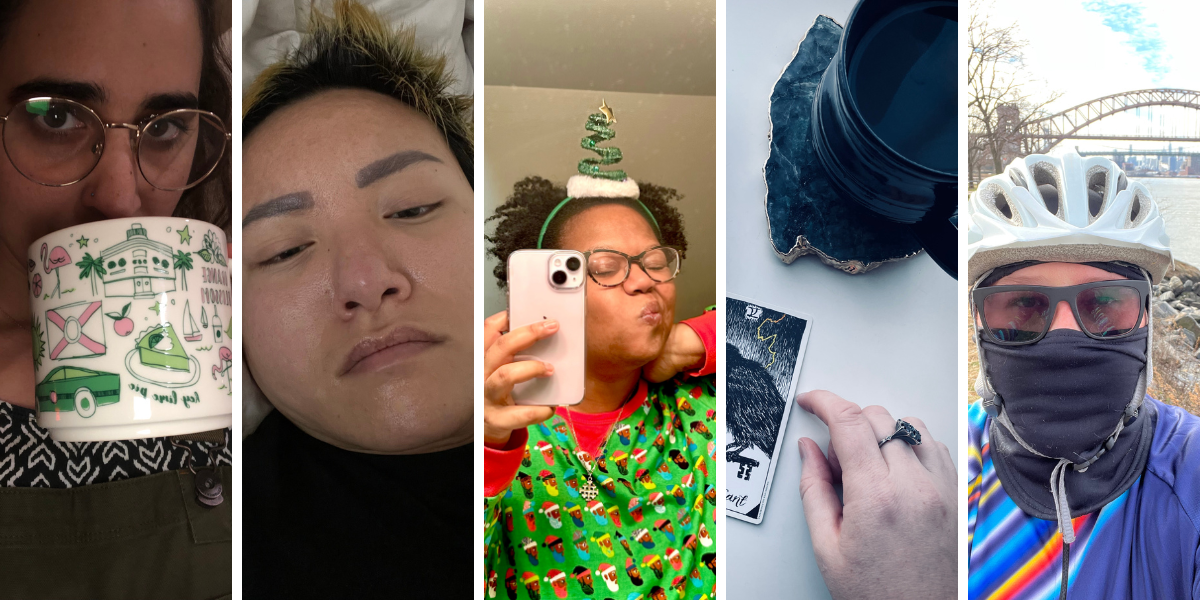 a collage of kayla, viv, carmen, meg and heather's morning routine photos