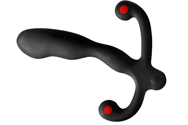An a black, slim butt plug with a bulbous end and two prongs coming out from the base with a red dot on each prong