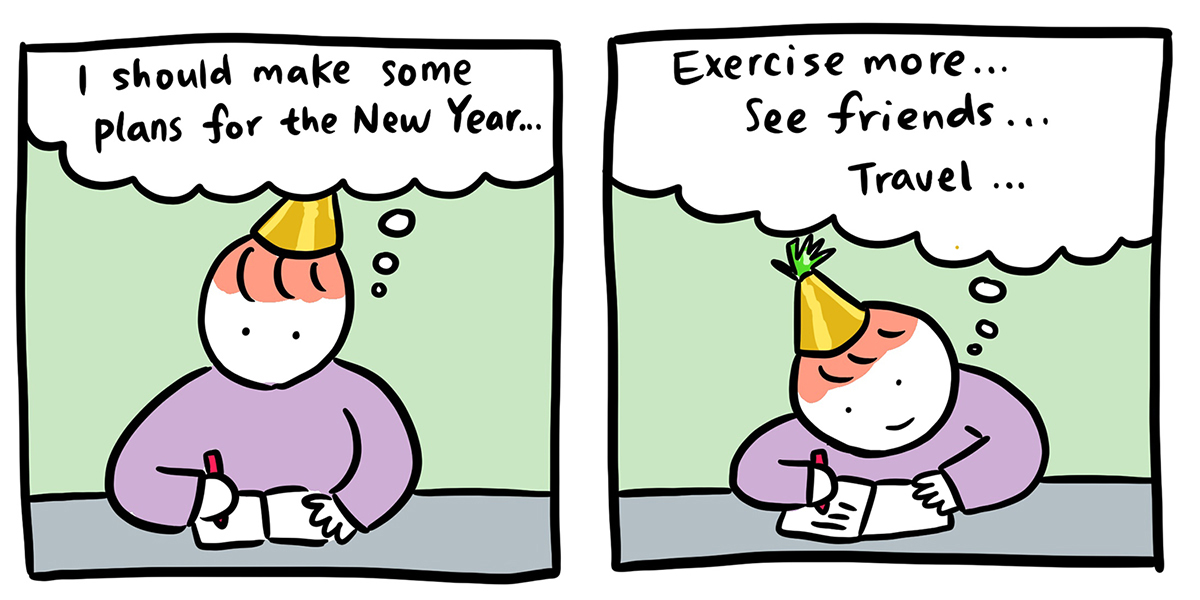 In a two panel comic, Baopu — an Asian person with red hair — sits at a desk and contemplates making a New Year's resolution.