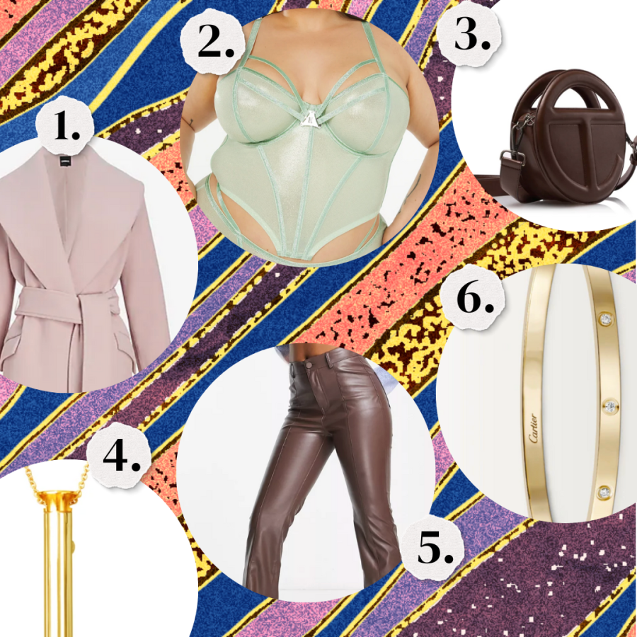 An outfit made up of a bustier, jacket, leather pants and a Telfar bag