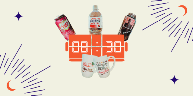 an off white background, with an minimalist orange alarm clock in the centre. behind it, on the top, are from left to right a can of cranberry ginger ale, a bottle of crystal Pepsi and a Nalgene bottle covered in stickers. At the bottom of the clock in the dead centre are two mugs, one says jolly juice on it in a festive font and the other, in a similar font, says I'm on a morning person on Christmas. in the upper left and bottom right corners are little orange crescent moons and blue lines simulating a burst of light coming out of them, and alternately on the upper left and lower right are two blue diamonds.