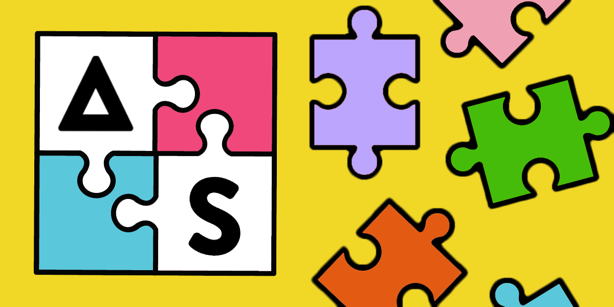 The Autostraddle logo (AS) has been situated inside a tiny 4-piece jigsaw puzzle grid to the left, and several colorful puzzle pieces are scattered around on the right, all on a bright yellow background