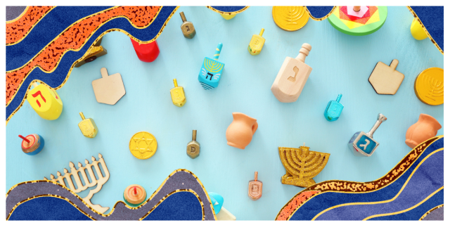 an array of hanukkah goodies like gelt, dreidels, and menorahs resting on top of a light blue background