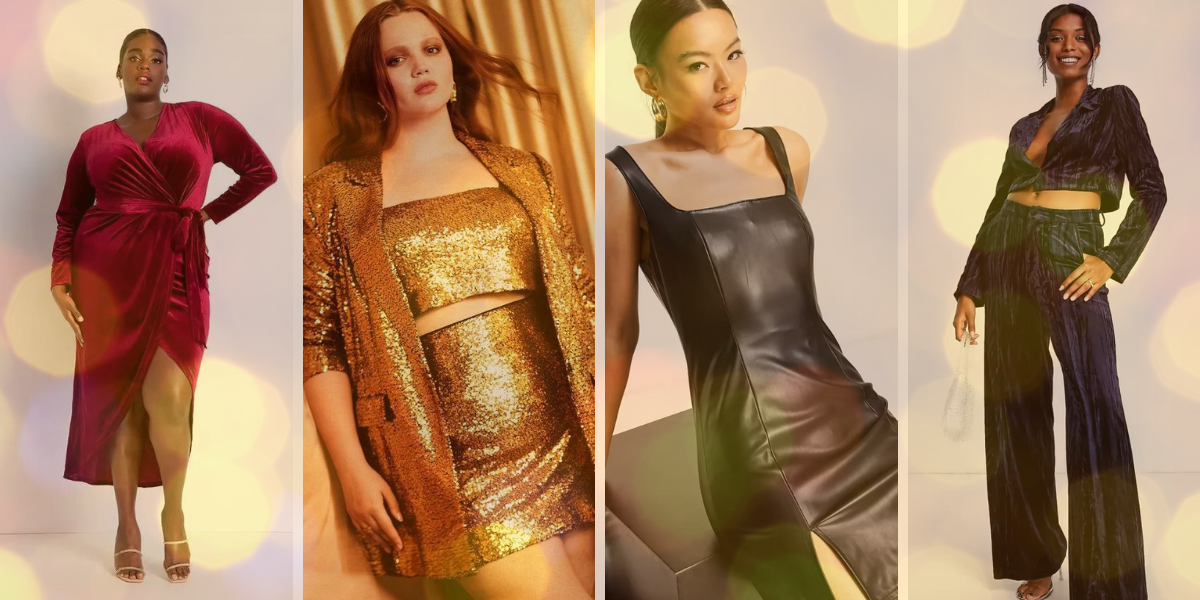 1. A red velvet wrap dress. 2. A gold glitter dress. 3. A black leather look mini dress. 4. A dark blue velvet dress.