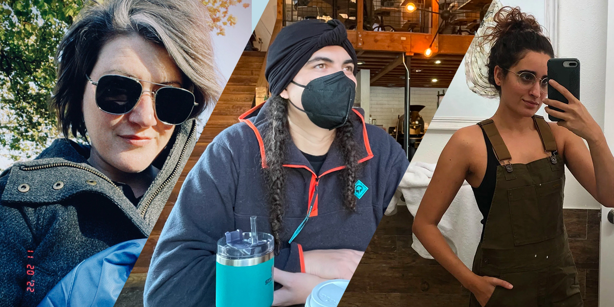 Autostraddle writers Meg Jones Wall, Abeni Jones, and Kayla Upadhyaya Kumari modeling their newest wares from REI
