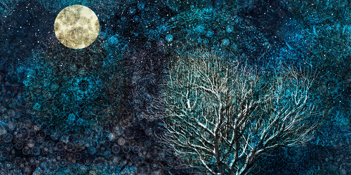 A leafless tree against a nightsky with a full moon