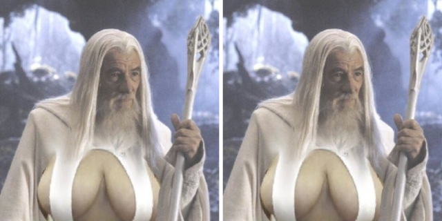 Gandalf photoshopped to have large breasts as part of the meme "Gandalf Big Naturals"