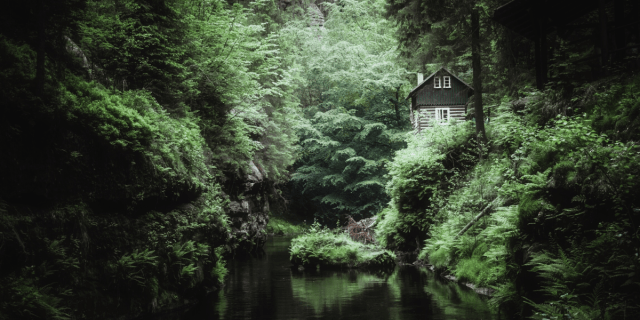 A small house in the woods near a creek