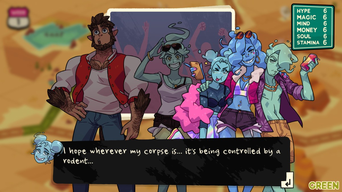 The game Monster Prom 3: Monster Roadtrip. The subtitles read "I hope wherever my corpse is...it's being controlled by a rodent..."